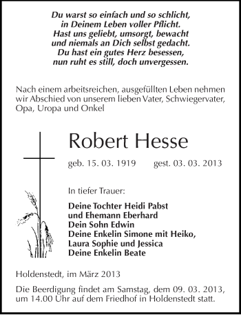 Traueranzeige von Robert Hesse von Mitteldeutsche Zeitung Sangerhausen