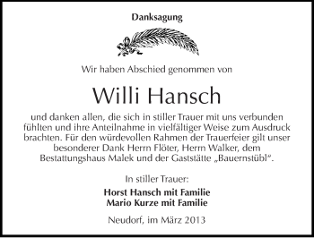 Traueranzeige von Willi Hansch von Mitteldeutsche Zeitung Quedlinburg