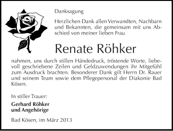 Traueranzeige von Renate Röhker von Mitteldeutsche Zeitung Naumburg/Nebra