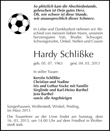 Traueranzeige von Hardy Schlißke von Mitteldeutsche Zeitung Sangerhausen