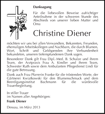 Traueranzeige von Christine Diener von Mitteldeutsche Zeitung Dessau-Roßlau