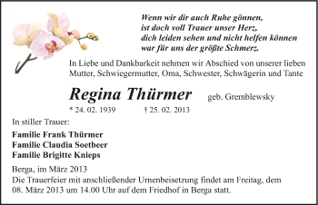 Traueranzeige von Regina Thürmer von Mitteldeutsche Zeitung Sangerhausen