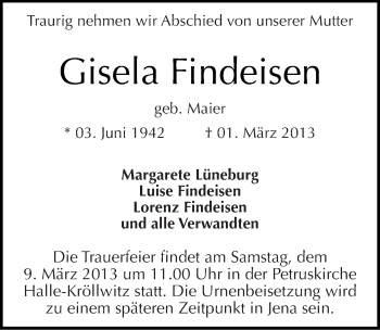 Traueranzeige von Gisela Findeisen von Mitteldeutsche Zeitung Halle/Saalkreis