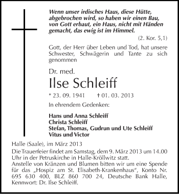 Traueranzeige von Ilse Schleiff von Mitteldeutsche Zeitung Halle/Saalkreis