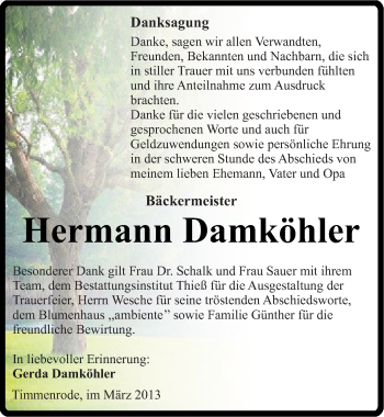 Traueranzeige von Hermann Damköhler von Mitteldeutsche Zeitung Quedlinburg