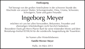 Traueranzeige von Ingeborg Meyer von Mitteldeutsche Zeitung Halle/Saalkreis