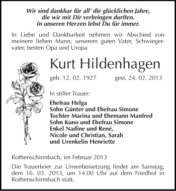 Traueranzeige von Kurt Hildenhagen von Mitteldeutsche Zeitung Mansfelder Land