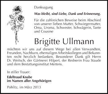 Traueranzeige von Brigitte Ullmann von Mitteldeutsche Zeitung Naumburg/Nebra