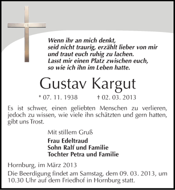 Traueranzeige von Gustav Kargut von Mitteldeutsche Zeitung Merseburg/Querfurt