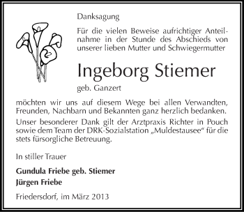 Traueranzeige von Ingeborg Stiemer von Mitteldeutsche Zeitung Bitterfeld