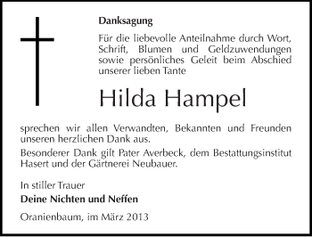 Traueranzeige von Hilda Hampel von Mitteldeutsche Zeitung Wittenberg