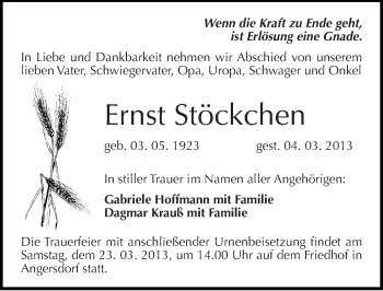 Traueranzeige von Ernst Stöckchen von Mitteldeutsche Zeitung Halle/Saalkreis