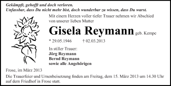 Traueranzeige von Gisela Reymann von Mitteldeutsche Zeitung Aschersleben