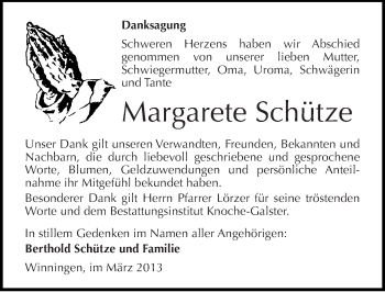 Traueranzeige von Margarete Schütze von Mitteldeutsche Zeitung Aschersleben