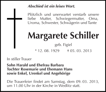 Traueranzeige von Margarete Schiller von Mitteldeutsche Zeitung Bernburg