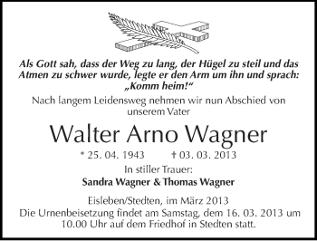 Traueranzeige von Walter Arno Wagner von Mitteldeutsche Zeitung Mansfelder Land