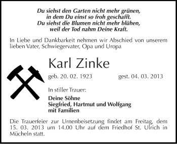 Traueranzeige von Karl Zinke von Mitteldeutsche Zeitung Merseburg/Querfurt