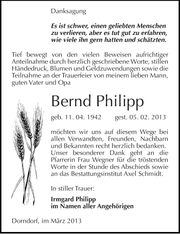 Traueranzeige von Bernd Philipp von Mitteldeutsche Zeitung Naumburg/Nebra