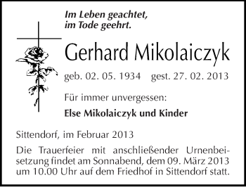Traueranzeige von Gerhard Mikolaiczyk von Mitteldeutsche Zeitung Sangerhausen