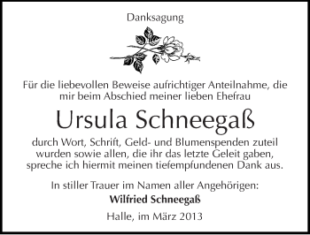 Traueranzeige von Ursula Schneegaß von Mitteldeutsche Zeitung Halle/Saalkreis