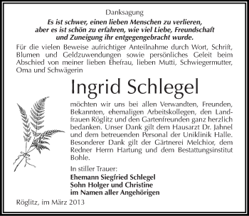 Traueranzeige von Ingrid Schlegel von Mitteldeutsche Zeitung Merseburg/Querfurt
