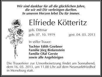 Traueranzeige von Elfriede Kötteritz von Mitteldeutsche Zeitung Merseburg/Querfurt