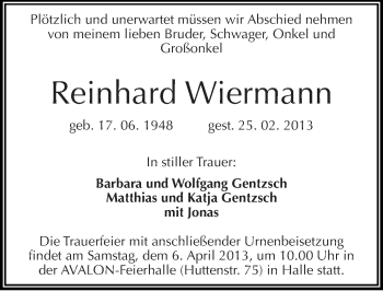 Traueranzeige von Reinhard Wiermann von Mitteldeutsche Zeitung Halle/Saalkreis
