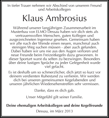 Traueranzeige von Klaus Ambrosius von Mitteldeutsche Zeitung Dessau-Roßlau