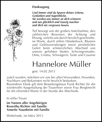 Traueranzeige von Hannelore Müller von Mitteldeutsche Zeitung Sangerhausen
