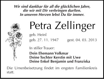 Traueranzeige von Petra Zellinger von Mitteldeutsche Zeitung Halle/Saalkreis