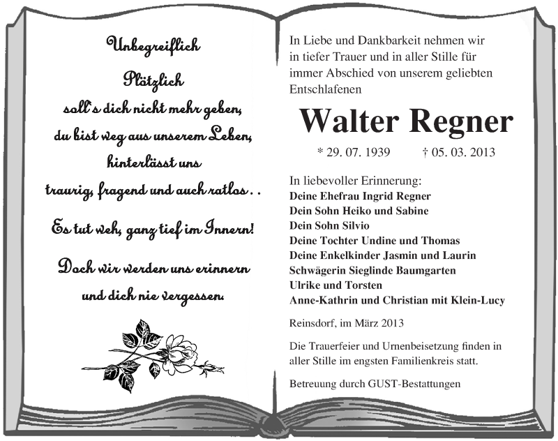  Traueranzeige für Walter Regner vom 07.03.2013 aus Mitteldeutsche Zeitung Köthen