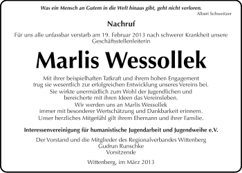 Traueranzeige von Marlis Wessollek von Mitteldeutsche Zeitung Wittenberg