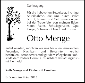 Traueranzeige von Otto Menge von Mitteldeutsche Zeitung Sangerhausen
