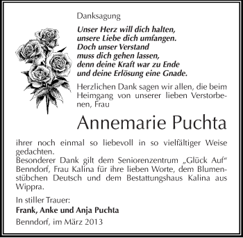 Traueranzeige von Annemarie Puchta von Mitteldeutsche Zeitung Mansfelder Land