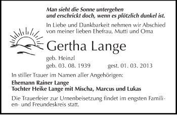 Traueranzeige von Gertha Lange von Mitteldeutsche Zeitung Halle/Saalkreis