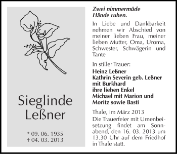 Traueranzeige von Sieglinde Leßner von Mitteldeutsche Zeitung Quedlinburg