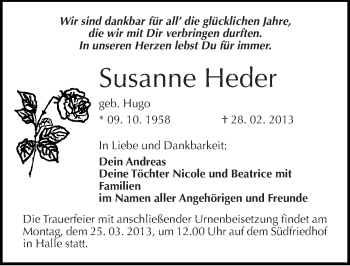 Traueranzeige von Susanne Heder von Mitteldeutsche Zeitung Halle/Saalkreis