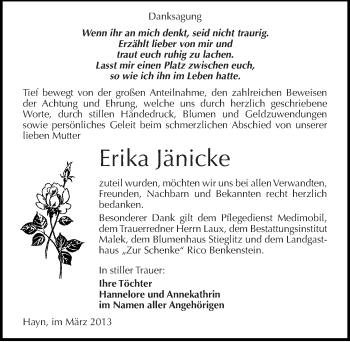 Traueranzeige von Erika Jänicke von Mitteldeutsche Zeitung Sangerhausen