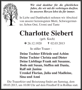 Traueranzeige von Charlotte Siebert von Mitteldeutsche Zeitung Dessau-Roßlau