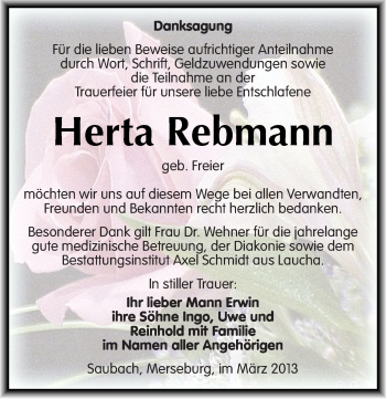 Traueranzeige von Herta Rebmann von Mitteldeutsche Zeitung Naumburg/Nebra