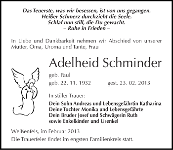 Traueranzeige von Adelheid Schminder von Mitteldeutsche Zeitung Weißenfels