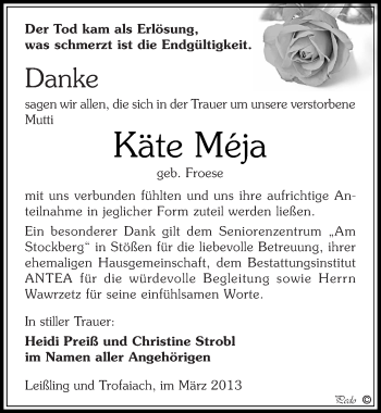 Traueranzeige von Käte Méja von Mitteldeutsche Zeitung Weißenfels