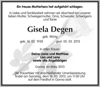 Traueranzeige von Gisela Degen von Mitteldeutsche Zeitung Sangerhausen