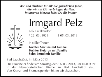 Traueranzeige von Irmgard Pelz von Mitteldeutsche Zeitung Merseburg/Querfurt