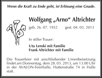 Traueranzeige von Wolfgang Altrichter von Mitteldeutsche Zeitung Halle/Saalkreis