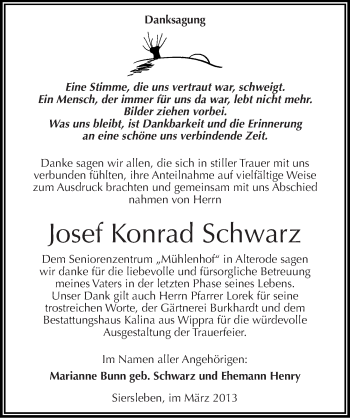 Traueranzeige von Josef Konrad Schwarz von Mitteldeutsche Zeitung Mansfelder Land