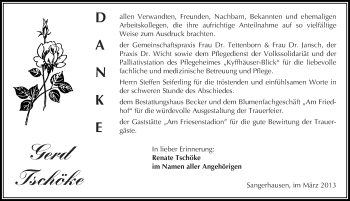 Traueranzeige von Gerd Tschöke von Mitteldeutsche Zeitung Sangerhausen