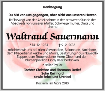 Traueranzeige von Waltraud Sauermann von Mitteldeutsche Zeitung Bitterfeld