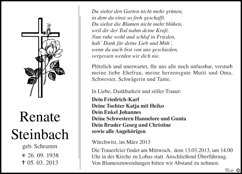  Traueranzeige für Renate Steinbach vom 08.03.2013 aus Mitteldeutsche Zeitung Zeitz