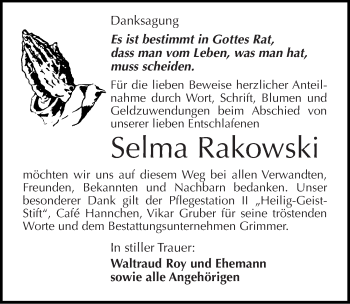 Traueranzeige von Selma Rakowski von Mitteldeutsche Zeitung Mansfelder Land